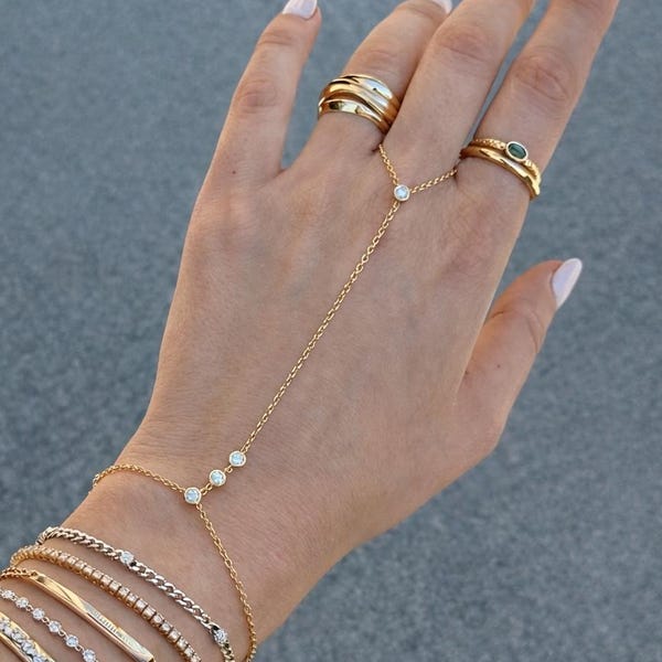 Gold Hand Chain Bracelet with Cubic Zirconia | Stainless Steel Hand Harness | Minimal Jewelry, Waterproof, Parisian Chic