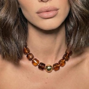 Tortoiseshell Necklace - Brown resin Gold Stainless Steel Clasp Statement Necklace Minimal chic Jewelry