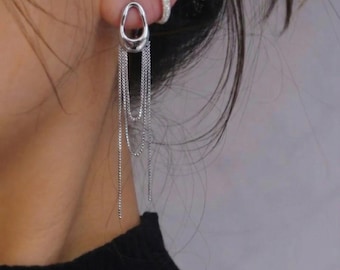 Silver Chain Tassel Earrings Minimalist Stainless Steel Hoop Earrings Modern Dangle Drop Jewelry for Women
