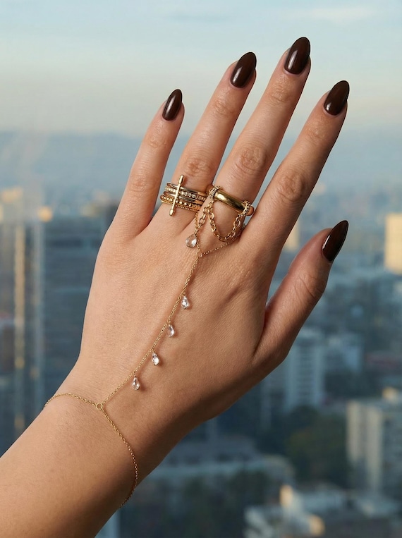 Gold Plated Sterling Silver Hand Chain, Shiny CZ Pear Drops, Adjustable Slave Bracelet, Elegant Statement Jewelry for Women