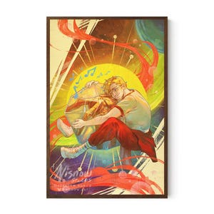 May include: A digital illustration featuring a person with blonde hair wearing a white t-shirt and red trousers, embracing a large, translucent, geometric crystal. The background displays vibrant swirls of orange, yellow, and blue with musical notes.