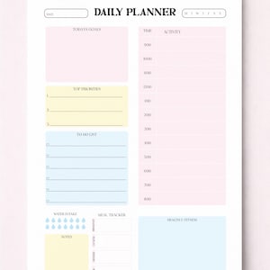 May include: A white daily planner with pastel pink, yellow, and blue sections. The planner includes sections for daily goals, top priorities, a to-do list, water intake, meal tracker, notes, and health & fitness. The title "DAILY PLANNER" is at the top.