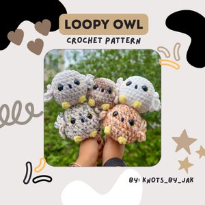 May include: A collection of six crocheted owl toys in various colors, including gray, white, brown, and speckled patterns. The owls have yellow feet and large black eyes. The image includes the text "Loopy Owl Crochet Pattern" and "By: Knots_by_Jak."