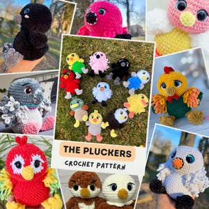 Peut inclure: Un modèle de crochet pour réaliser des peluches d'animaux appelés "The Pluckers". Le modèle comprend une variété d'animaux, dont un poulet, un canard, un flamant rose, un pingouin et un oiseau. Les animaux sont tous de couleurs vives et ont de grands yeux ronds.