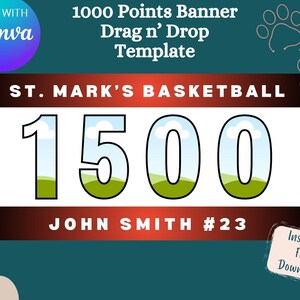 Könnte beinhalten: Eine grüne und weiße Basketball-Punkte-Banner-Vorlage mit dem Text "1000 Points Banner Drag n' Drop Template" oben, "ST. MARK'S BASKETBALL" in der Mitte, "1500" in großen Zahlen und "JOHN SMITH #23" unten. Das Banner ist für eine einfache Anpassung konzipiert.