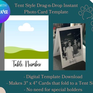 May include: A digital photo card template with a tent style design. The template includes a landscape scene with a cloud and green hills. The card folds to create a stand-up display. The text "Table Number" is visible.