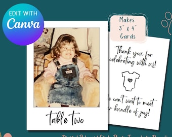 Canva Vorlage - Foto Sitzplan / Polaroid Foto Vorlage / Bearbeitbarer Text / Benutzerdefinierte Nachricht auf der Rückseite / Baby Shower Foto Tischkarten