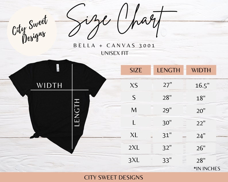 May include: Size chart for Bella + Canvas 3001 unisex t-shirts. The chart shows measurements in inches for XS, S, M, L, XL, 2XL, and 3XL sizes. The measurements include length and width.