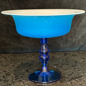 Large Vintage 1950s Opaline Empoli Blue Compote