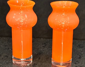 Vintage Pair Of Swedish Handblown Vibrant Orange Glass Vases