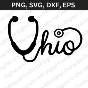 May include: Black and white silhouette of a stethoscope with the word "Ohio" written in a cursive font.