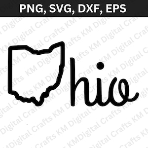 May include: Black and white silhouette of the state of Ohio with the word "Ohio" written in a cursive font.