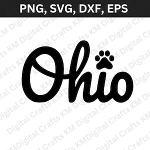 May include: Black and white graphic design of the word "Ohio" with a paw print above the "O".