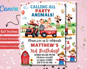 Einladung zum Kindergeburtstag: Roter Traktor, Barnyard Animals (editierbar, Instant Download)