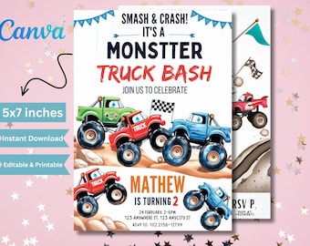 Plantilla editable de invitación de cumpleaños de Monster Truck (5x7) (Descarga digital)