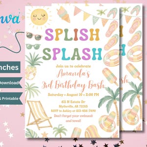 Editable Splish Splash Birthday Invitation Pool Party Birthday Invitation Girly Splash Pad Water Slide Paddling Pool Summer Party