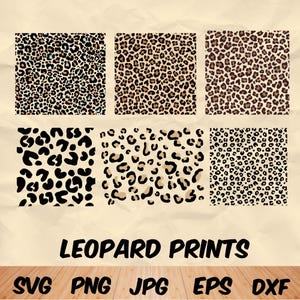 May include: Six square leopard print patterns in various color combinations, including black and brown spots on a cream background. The text "LEOPARD PRINTS" is displayed below the patterns, along with file type abbreviations.