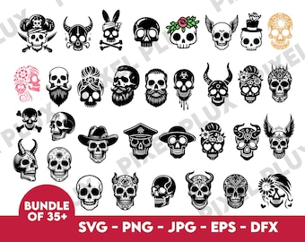 Könnte beinhalten: Ein Set mit über 35 schwarzen und weißen SVG-Schneidedateien für Schädel. Die Schädel sind in verschiedenen Stilen gehalten, darunter Zucker-Schädel, Piraten-Schädel und Tierschädel. Die Dateien sind perfekt für Basteln, Scrapbooking und andere DIY-Projekte.