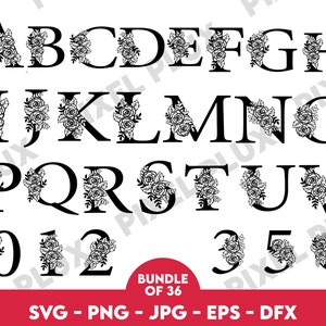バラの花柄アルファベットと数字 SVG/ 花柄大文字アルファベット SVG/ 花柄文字カットファイル/ 花柄モノグラムフレームアルファベット/ 花柄数字セット