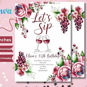 Editable Winery Invitation, Wine Birthday Invitation, Fine Like Wine, Let&#39;s Sip, Floral, Printable or Text Invite