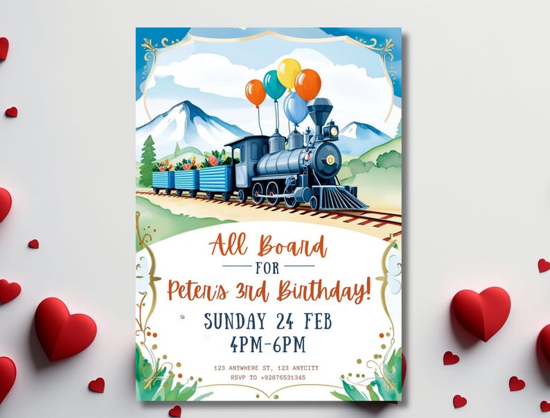 Editable Train Birthday Invitation Template, Toy Train Invitation for any age, Train Birthday Invitation, instant download canva template