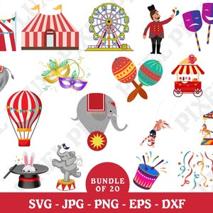 Circus clipart, circus afdrukbaar, circus PNG en SVG, carnaval illustraties, dieren, jokers, circustent clipart, circusset, Instant Download