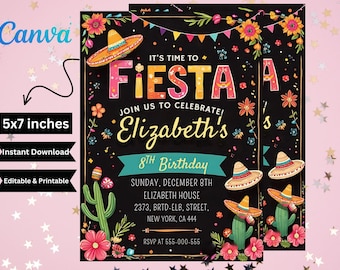 Editable Fiesta Birthday Invitation: Mexican Theme, Canva Template (5x7, Digital Download)