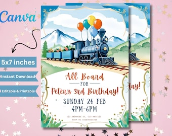 Train Birthday Invitation Template: Editable Canva Design (Digital Download)