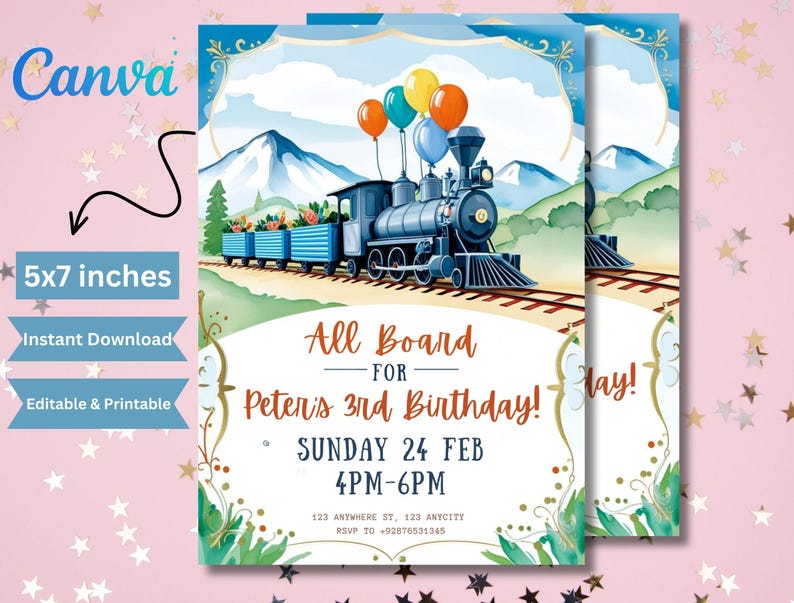 May include: A blue and red train with a yellow, orange, and blue balloon bouquet on top. The train is on a track with green grass and mountains in the background. The text "All Board for Peter's 3rd Birthday!" is on the invitation. The invitation is 5x7 inches.