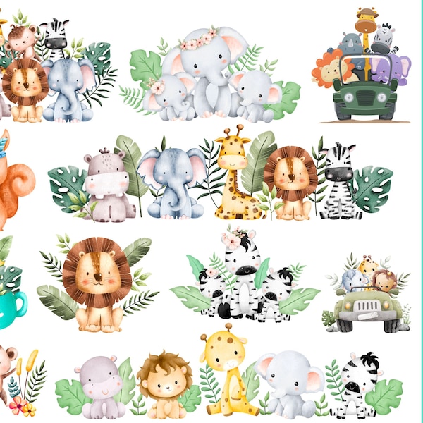 Clipart acquerello animali safari \ Animali safari in formato SVG \ Animali Safari png \ baby shower in formato SVG \ simpatici animali PNG \ Animali safari contorni in formato SVG