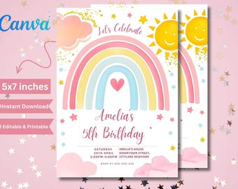Pastel Rainbow Birthday Invitation: Editable Kids Party (5x7 Canva)