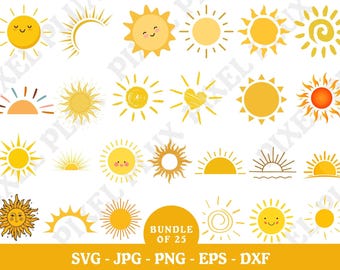 May include: A set of 25 digital sun illustrations in various styles, including cartoon, geometric, and abstract. The suns are yellow, orange, and white, and some have smiling faces. The text "BUNDLE OF 25" is at the bottom of the image.