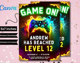 ネオンカラーのビデオゲーム誕生日招待状テンプレート：編集可能なCanva（デジタルダウンロード）