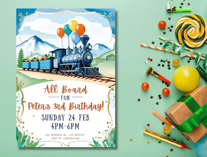 Editable Train Birthday Invitation Template, Toy Train Invitation for any age, Train Birthday Invitation, instant download canva template