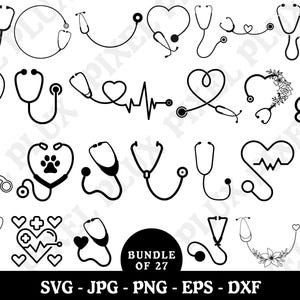 Pacchetto stetoscopio Svg Cuore stetoscopio Svg Stetoscopio Battito cardiaco Infermiera Vita Svg Medico Svg Battito cardiaco Svg Stetoscopio File di taglio Silhouette