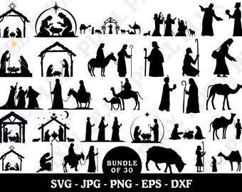 May include: A set of 30 black and white silhouette SVG cut files featuring a nativity scene with various characters, animals, and stars. The text "Bundle of 30" is included in the image.