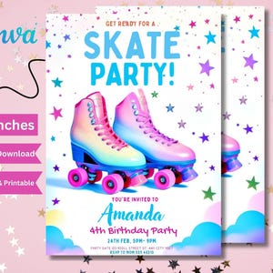 Skate Party Birthday Invitation, Party Invitation, girl, boy, Roller Skating, Retro Lights, Editable Evite Template, Editable Canva