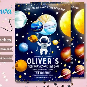 Editable Space Birthday Invitation First Trip Around The Sun | Space Birthday Party Invitation | Galaxy First Birthday Invite