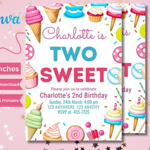 Two Sweet Birthday Invitation, 2nd Birthday Girl Invite, Two Sweet Invitation, Dessert Invite, Candy Sweets Donut, Canva Template