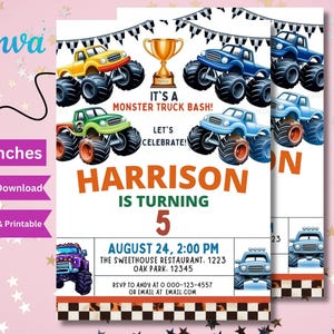 Editable Boy Birthday Invitation, Monster Truck Birthday Invite, Canva Edit, Boys Trucks Birthday, Editable template, Instant Download
