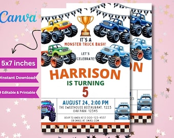 Monster Truck Birthday Invitation: Editable Canva Template (Digital Download)