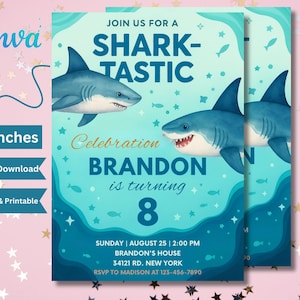 Shark Invitation, Shark Invites, Shark Birthday Invitation, Shark Invitation, Kids Birthday Party Invites, Editable Invitation Canva