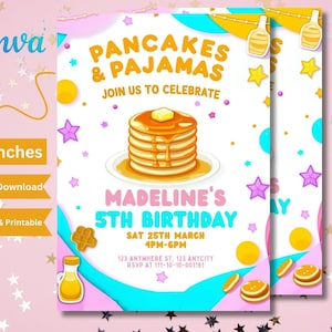 Pancakes and Pajamas Party Birthday Invitation Pancake Pajama Sleepover Party Invite Slumber Popcorn Pink, Canva