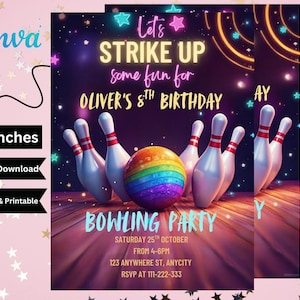 EDITABLE Bowling Party Invitation, Editable Bowling Birthday Invitation, Kids Bowling Invitation, Let&#39;s Strike Up Some Fun, 5x7 Canva
