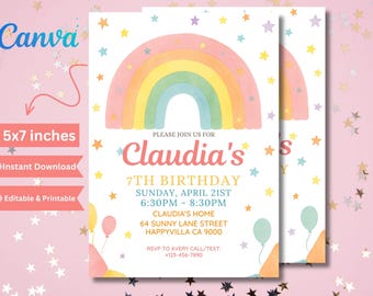 Editable Rainbow Birthday Invitation: Magical Girl Party (5x7 Digital Template)