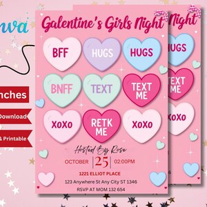 Galentine&#39;s Invitation Girls Galentine Party Girl&#39;s Night Invite Editable Valentines Invitation Pink Candy Hearts Template Custom Valentine