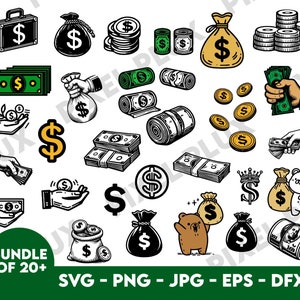 Paquete SVG de dinero / Bolsa de dinero svg / Efectivo Svg / Dólar svg / Monedero Svg / Dinero Papel Digital / Dinero Png / Billete de 100 dólares Png / Dinero eps