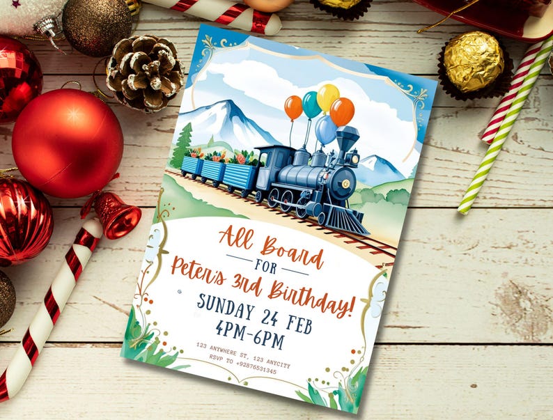 Editable Train Birthday Invitation Template, Toy Train Invitation for any age, Train Birthday Invitation, instant download canva template