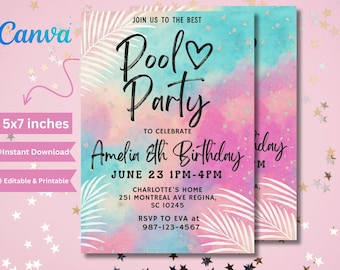 Pool Party Invitation: Kids Swim Birthday, Editable Canva Template (Digital Download)