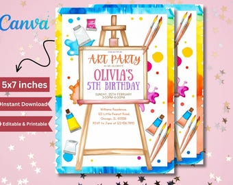 May include: A colorful 5x7 inch art party invitation with a watercolor background. The invitation features an easel with paint tubes, paintbrushes, and colorful paint splatters. The text reads "Join us for an Art Party as we celebrate Olivia's 5th Birthday, Sunday, 25th February, 3:00PM-6:00PM, Williams Residence, 123 Little Peanut Road, Chicago, IL 60556, RSVP to Jane of 123.456.7890".